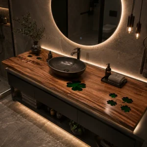 Custom Walnut Epoxy Bathroom Countertop with Green Epoxy BTC036