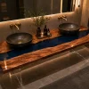 Custom Walnut River Epoxy Bathroom Countertop with Blue Epoxy BTC037