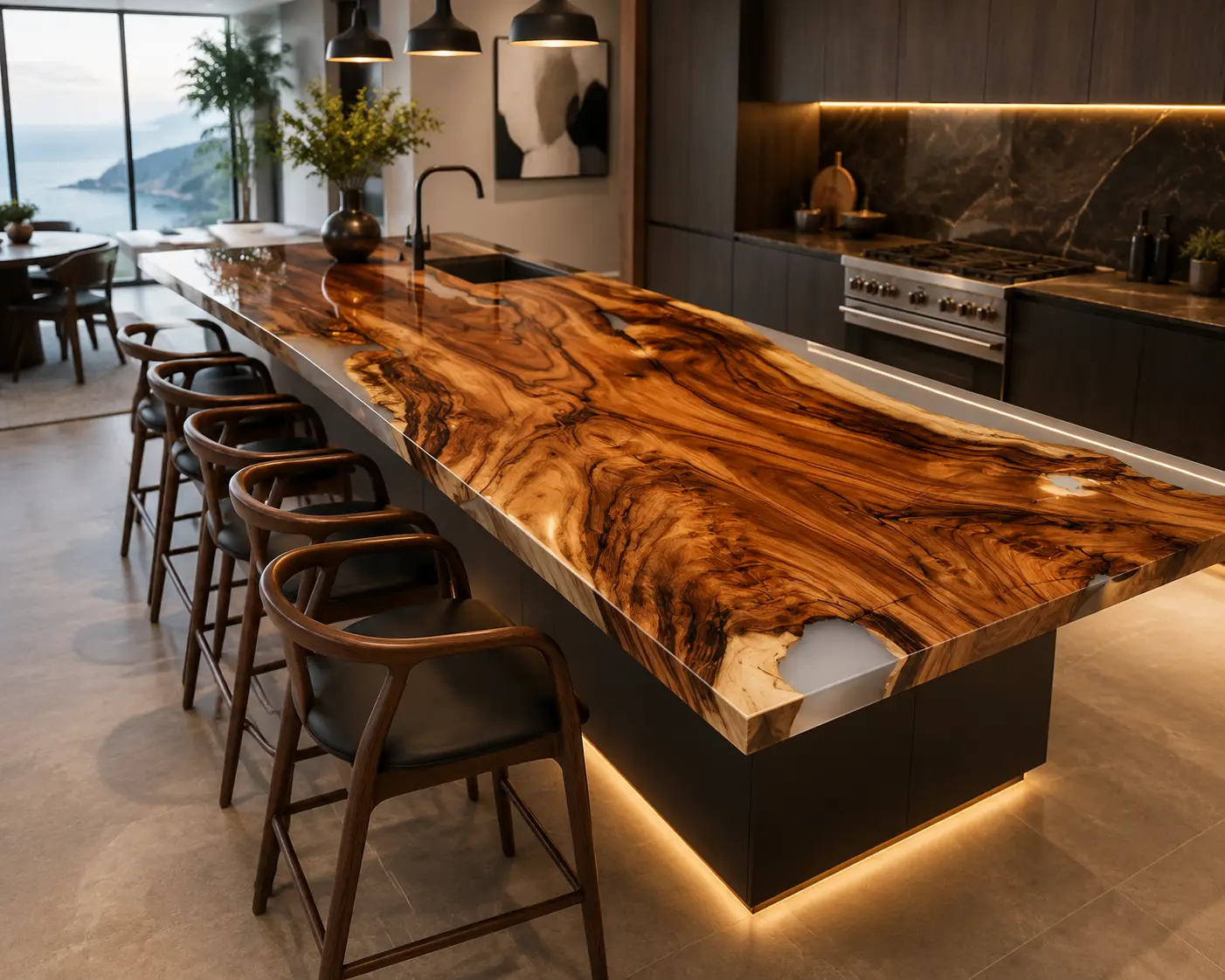 Premium Walnut Live Edge Epoxy Kitchen Countertop featuring White epoxy resin product EKT003