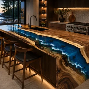 Made-to-Order Walnut Ocean Beach Epoxy Kitchen Countertop featuring Blue epoxy resin product EKT004