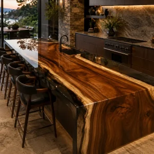 Designer Waterfall Epoxy Kitchen Countertop made with Walnut and Black epoxy resin reference EKT005