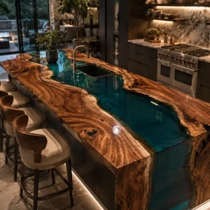 Handcrafted Epoxy Kitchen Countertop with Walnut and Green epoxy resin in a Waterfall design SKU EKT006