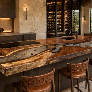 Premium Walnut Crystal Clear Epoxy with Embedded Natural Wine Corks Epoxy Kitchen Countertop product EKT007