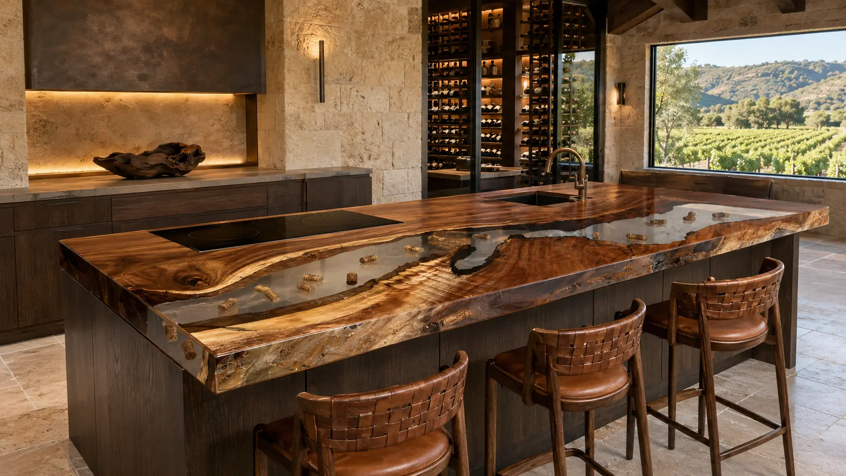 Premium Walnut Crystal Clear Epoxy with Embedded Natural Wine Corks Epoxy Kitchen Countertop product EKT007