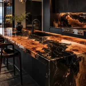 Handcrafted Epoxy Kitchen Countertop with French Poplar and Black & Gold epoxy resin in a Live Edge design SKU EKT011