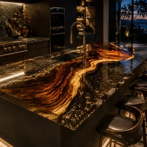 Handcrafted Epoxy Kitchen Countertop with Walnut and Black & Gold epoxy resin in a Live Edge design SKU EKT016