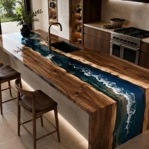 Made-to-order Waterfall Epoxy Kitchen Countertop in Walnut and Ocean Blue epoxy resin model EKT017