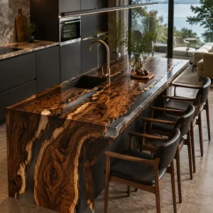 Designer Waterfall Epoxy Kitchen Countertop made with Walnut and White epoxy resin reference EKT018