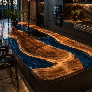 Designer Walnut Live Edge Epoxy Kitchen Countertop featuring Blue epoxy resin product EKT019