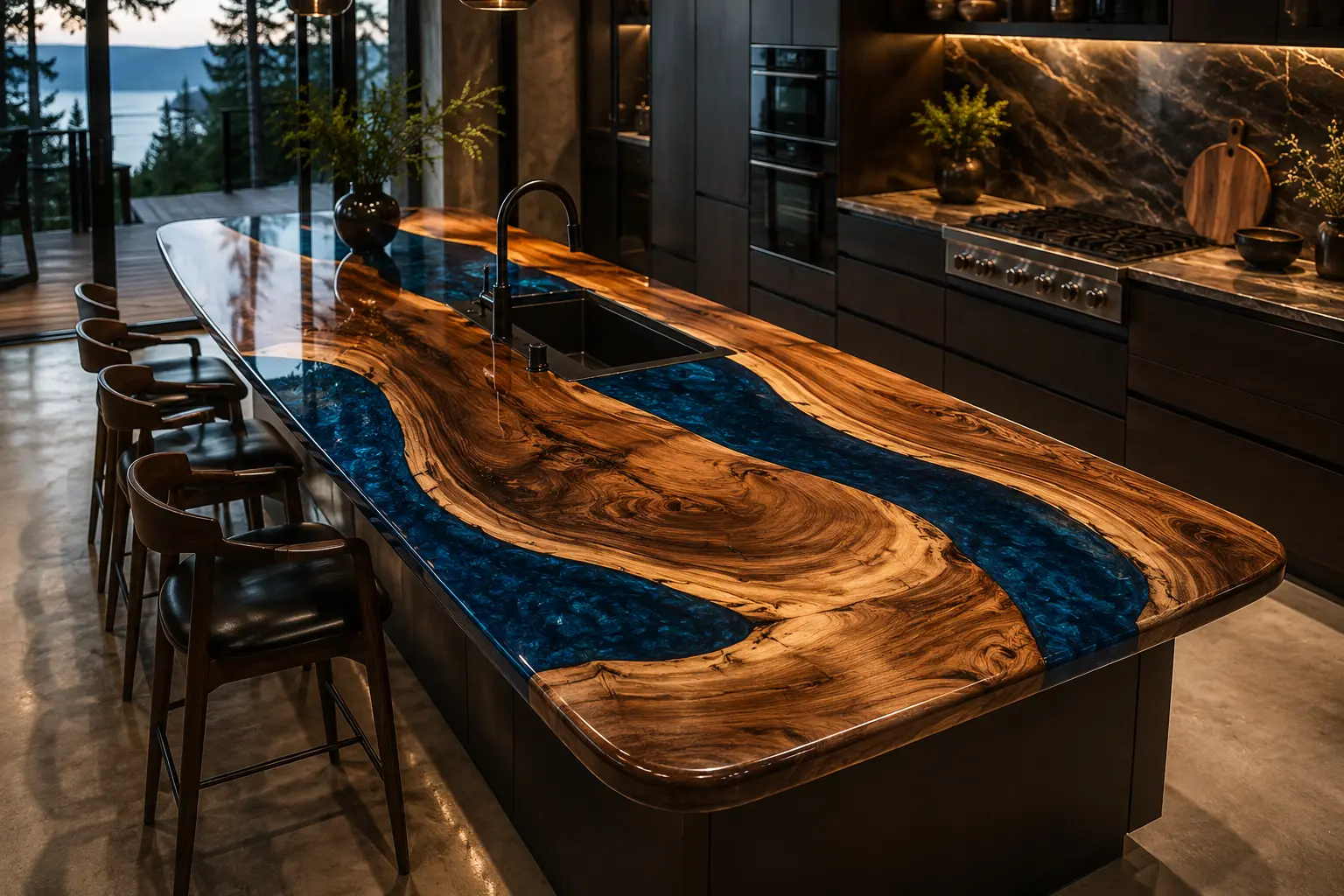Designer Walnut Live Edge Epoxy Kitchen Countertop featuring Blue epoxy resin product EKT019