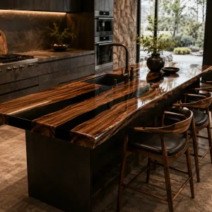 Made-to-order Live Edge Epoxy Kitchen Countertop in Black Walnut and Black epoxy resin model EKT023