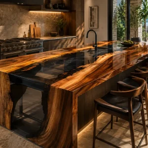 Luxury River Epoxy Kitchen Countertop crafted from Walnut and Grey epoxy resin SKU EKT025