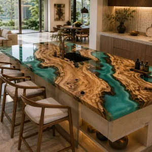 Premium custom Epoxy Kitchen Countertop made from Olive Wood with Green epoxy resin Live Edge SKU EKT026