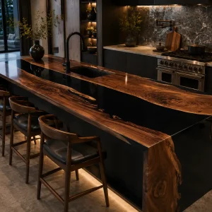Made-to-Order Black Walnut Waterfall Epoxy Kitchen Countertop featuring Black epoxy resin product EKT027