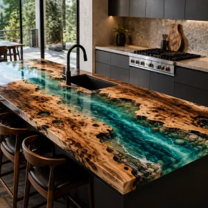 Made-to-order Custom Walnut Kitchen Island with Green River Pebbles Epoxy in model EKT028