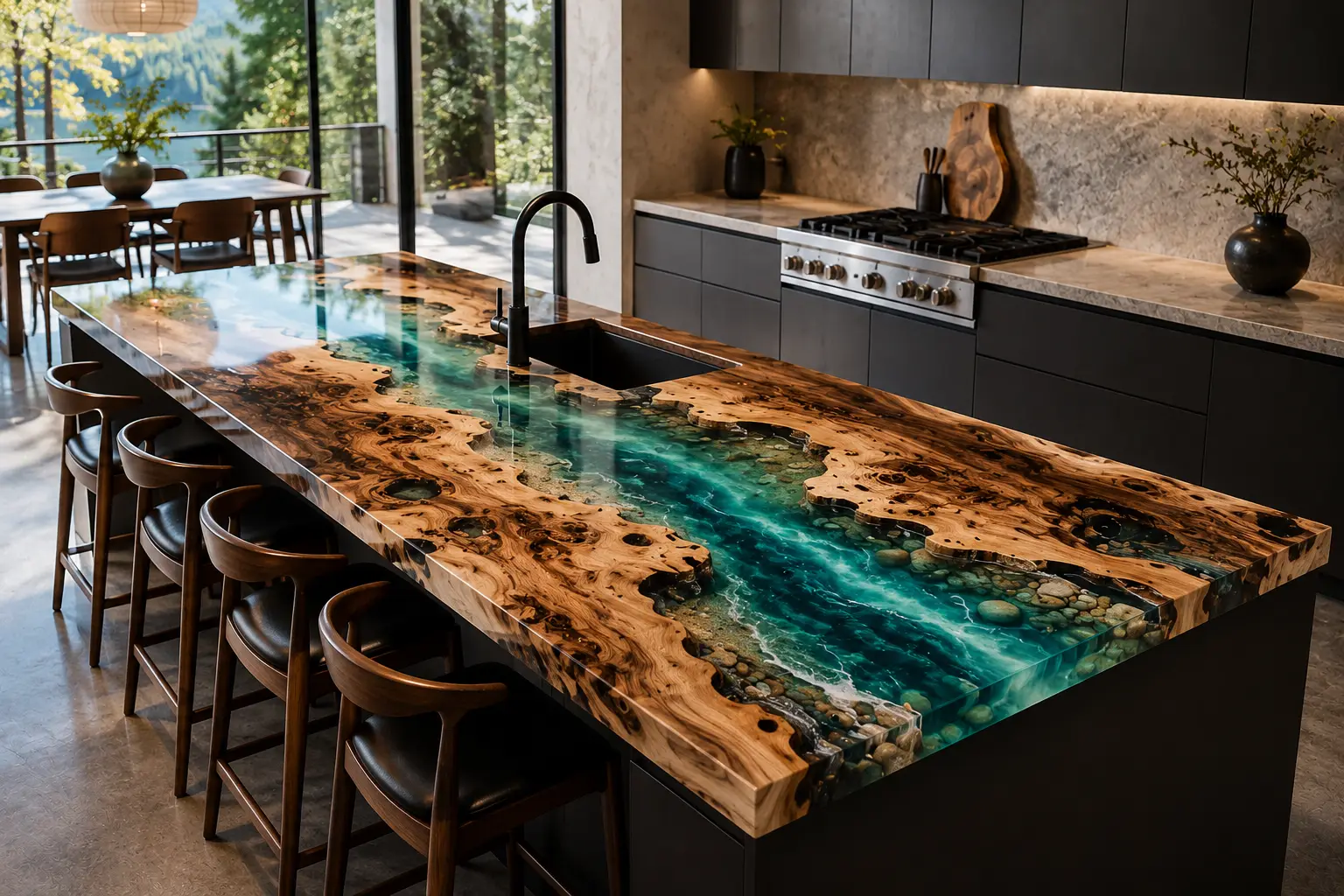 Made-to-order Custom Walnut Kitchen Island with Green River Pebbles Epoxy in model EKT028