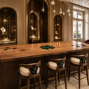 Made-to-order Modern Luxury with Art Deco Influences Epoxy Kitchen Countertop in Walnut and Green epoxy resin model EKT030