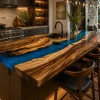 Handcrafted Epoxy Kitchen Countertop with Walnut and Blue epoxy resin in a River design SKU EKT032