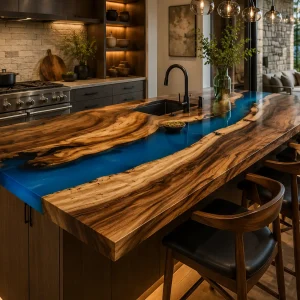 Handcrafted Epoxy Kitchen Countertop with Walnut and Blue epoxy resin in a River design SKU EKT032