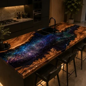 Handcrafted Epoxy Kitchen Countertop with Walnut and Galaxy epoxy resin in a Live Edge design SKU EKT035