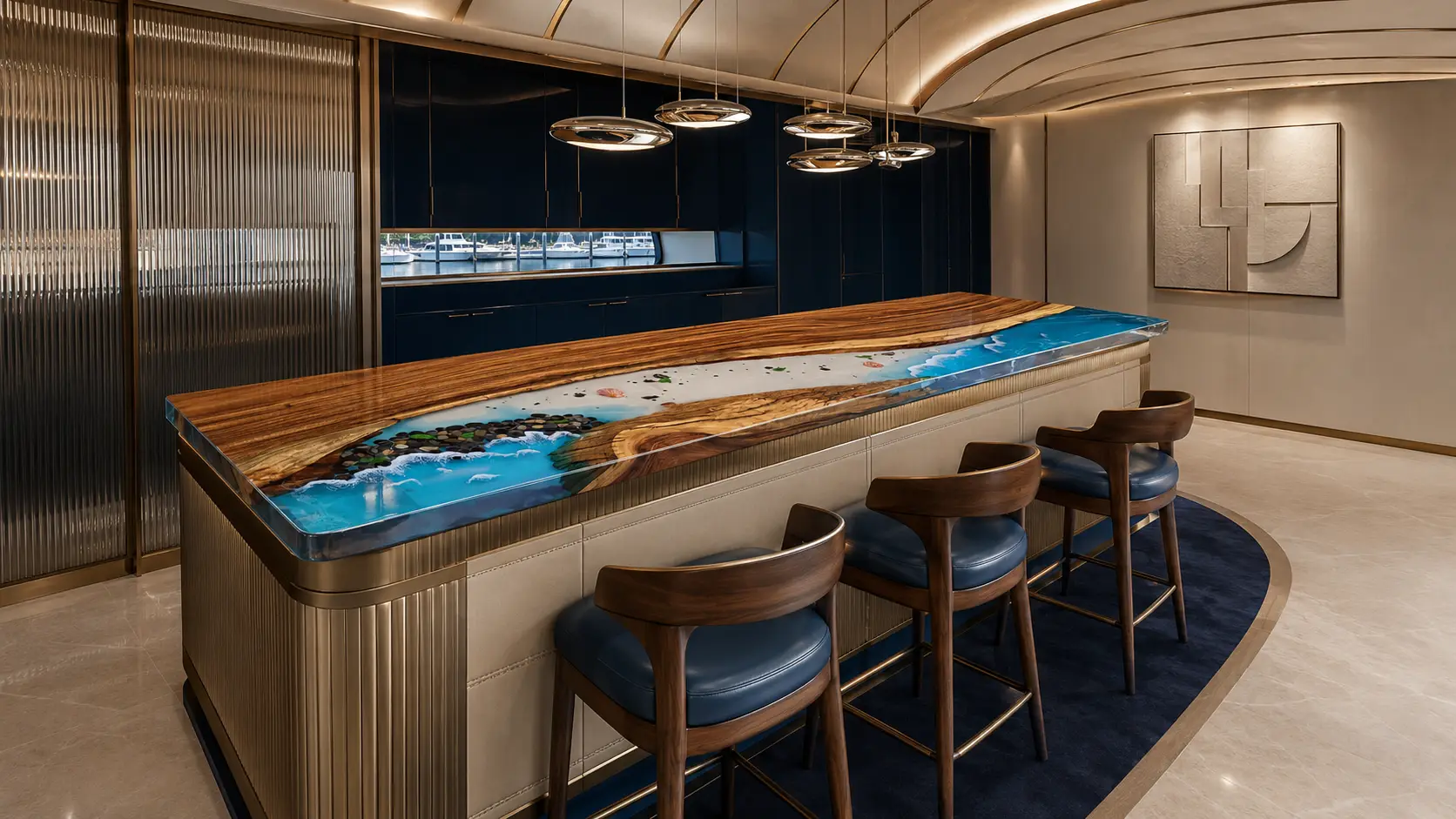 Made-to-order Ocean Beach Epoxy Kitchen Countertop in Walnut and Blue epoxy resin model EKT036