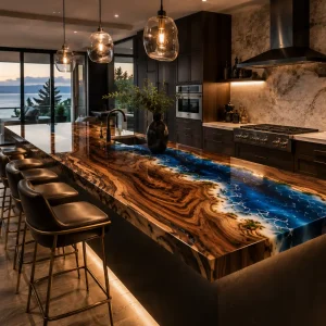 Designer River Epoxy Kitchen Countertop made with Walnut and Blue epoxy resin reference EKT037
