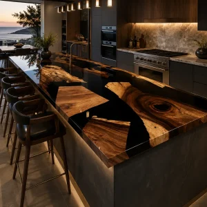 Designer Live Edge Epoxy Kitchen Countertop made with Walnut and Black epoxy resin reference EKT039
