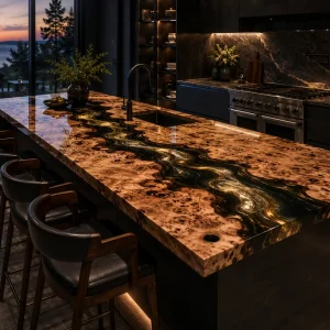 Handcrafted Epoxy Kitchen Countertop with French Poplar and Black & Gold epoxy resin in a River design SKU EKT043