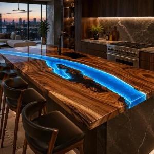 Premium custom Epoxy Kitchen Countertop made from Walnut with Blue epoxy resin Led SKU EKT044