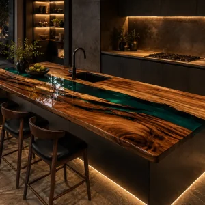 Designer River Epoxy Kitchen Countertop made with Walnut and Green epoxy resin reference EKT046
