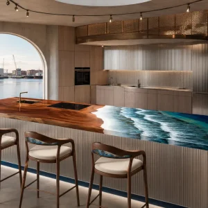 Made-to-order Live Edge Epoxy Kitchen Countertop in Walnut and Blue epoxy resin model EKT047