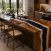 Made-to-order Waterfall Epoxy Kitchen Countertop in Walnut and Blue epoxy resin model EKT051