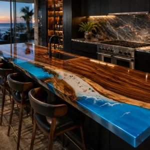 Handcrafted Epoxy Kitchen Countertop with Walnut and Blue epoxy resin in a Ocean Beach design SKU EKT053