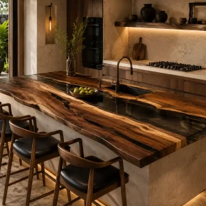 Luxury River Epoxy Kitchen Countertop crafted from Black Walnut and Black Smoke epoxy resin SKU EKT054