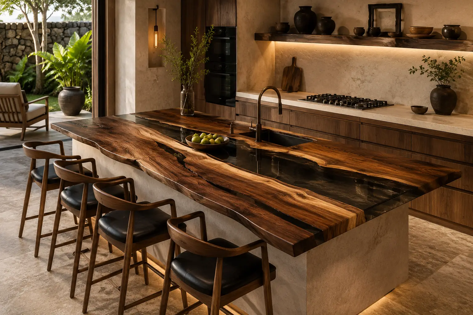 Luxury River Epoxy Kitchen Countertop crafted from Black Walnut and Black Smoke epoxy resin SKU EKT054