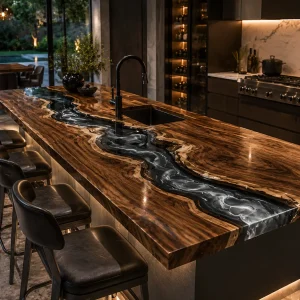Made-to-order River Epoxy Kitchen Countertop in Walnut and Black Smoke epoxy resin model EKT055
