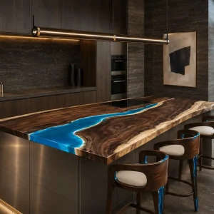 Made-to-order River Epoxy Kitchen Countertop in Black Walnut and Blue epoxy resin model EKT056