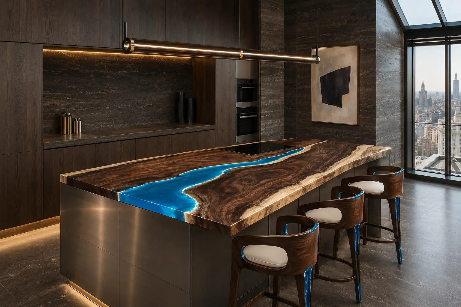 Made-to-order River Epoxy Kitchen Countertop in Black Walnut and Blue epoxy resin model EKT056