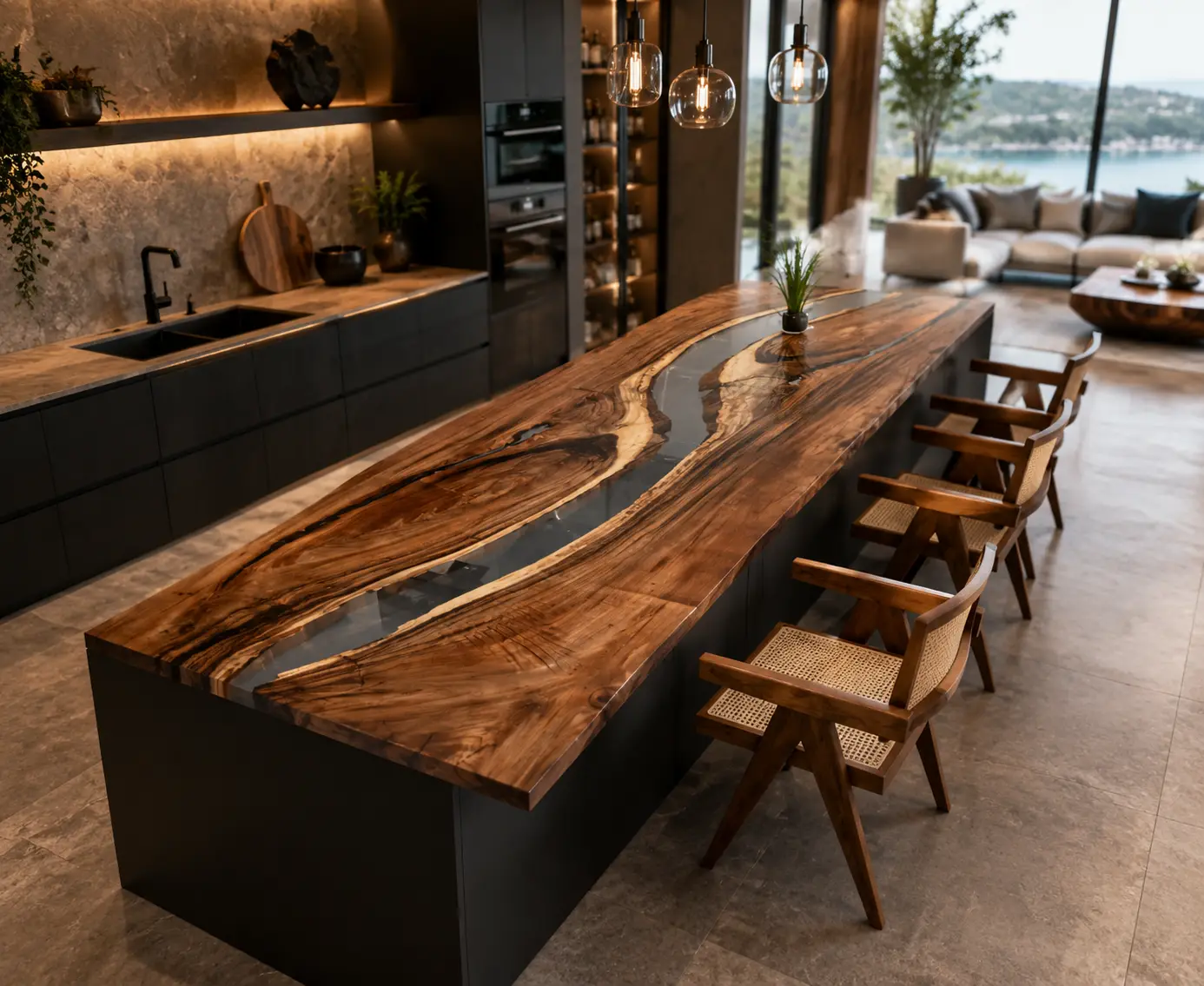 Made-to-order River Epoxy Kitchen Countertop in Walnut and Grey epoxy resin model EKT058