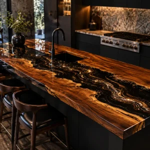 Handcrafted Epoxy Kitchen Countertop with Walnut and Black epoxy resin in a River design SKU EKT059