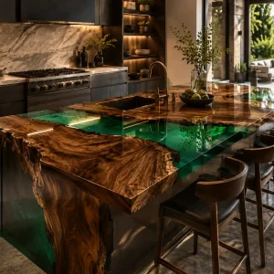 Designer Live Edge Epoxy Kitchen Countertop made with Walnut and Green epoxy resin reference EKT060