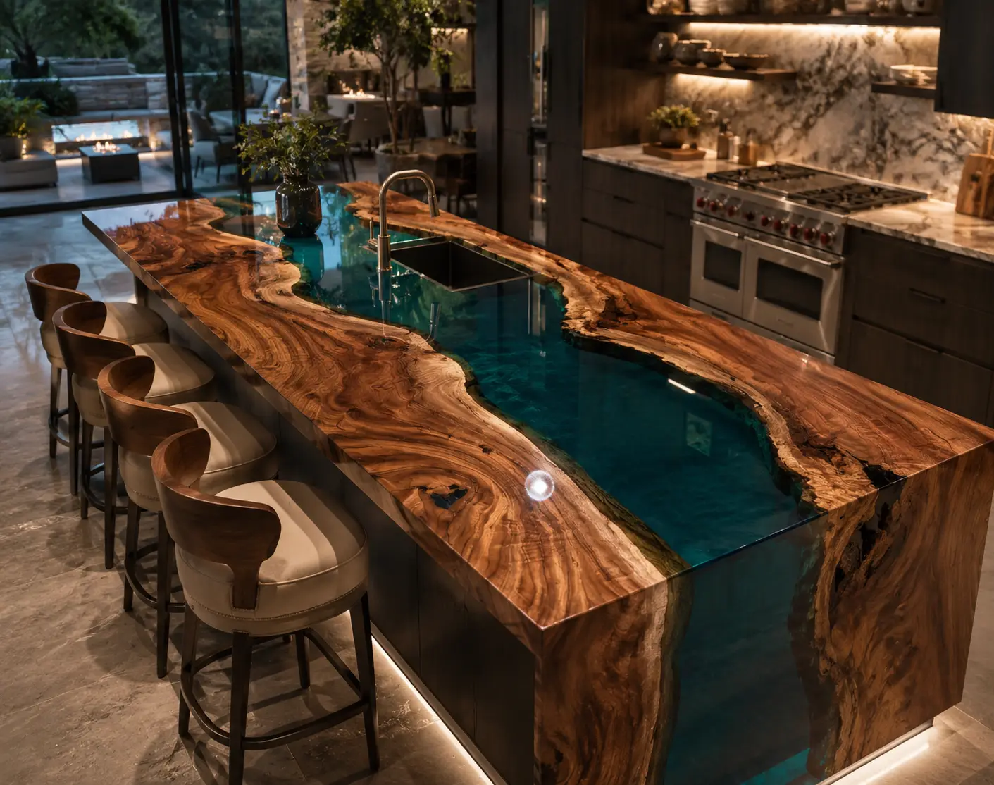 Walnut Epoxy Live Edge Countertop with Green Epoxy | ELET005