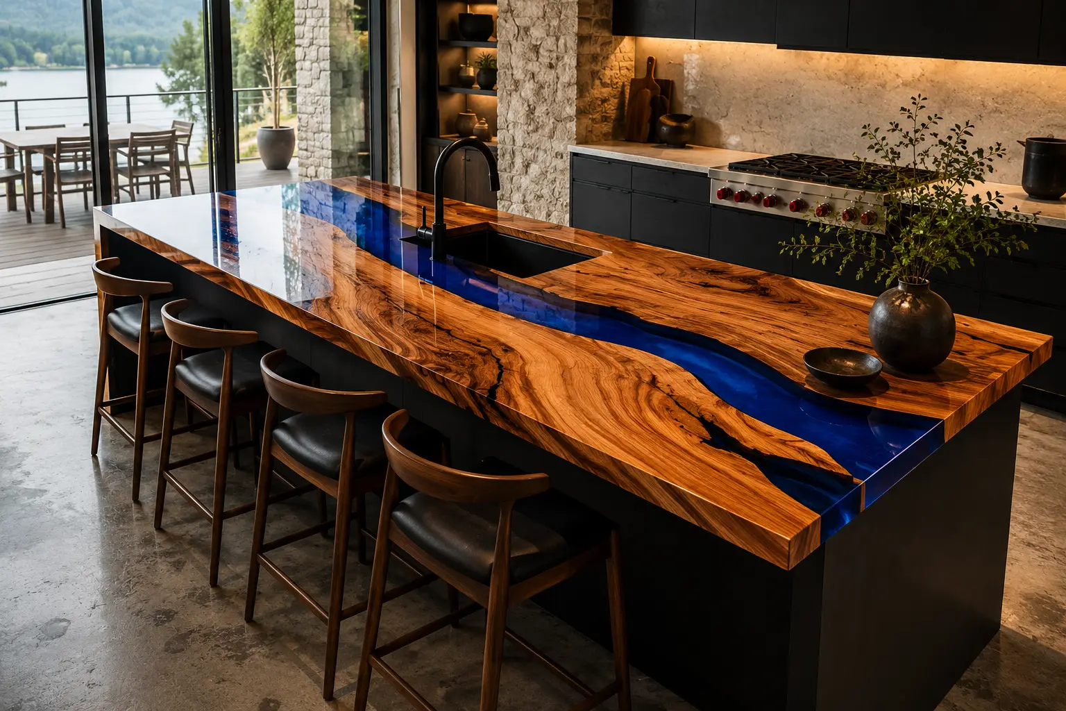Walnut Epoxy Live Edge Countertop with Blue Epoxy | ELET006