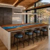 Walnut With Stone Epoxy Live Edge Countertop with Ocean Blue Epoxy | ELET008