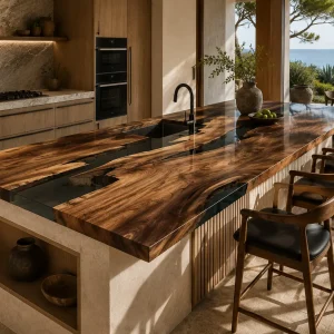 Bespoke Walnut Epoxy Live Edge Countertop with Grey Epoxy | ELET013