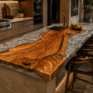 Premium Olive Wood Epoxy Live Edge Countertop with White Epoxy | ELET015