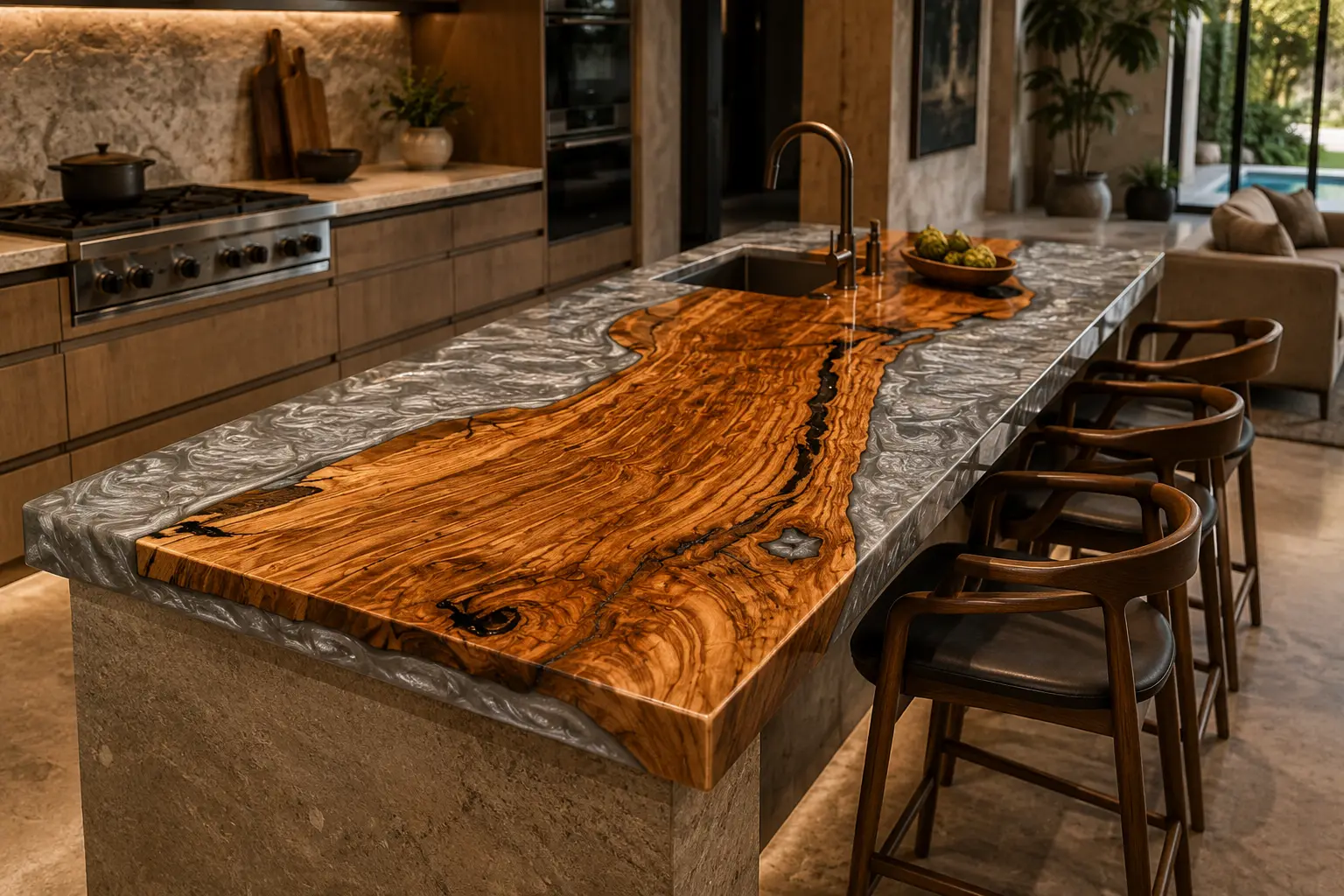 Premium Olive Wood Epoxy Live Edge Countertop with White Epoxy | ELET015