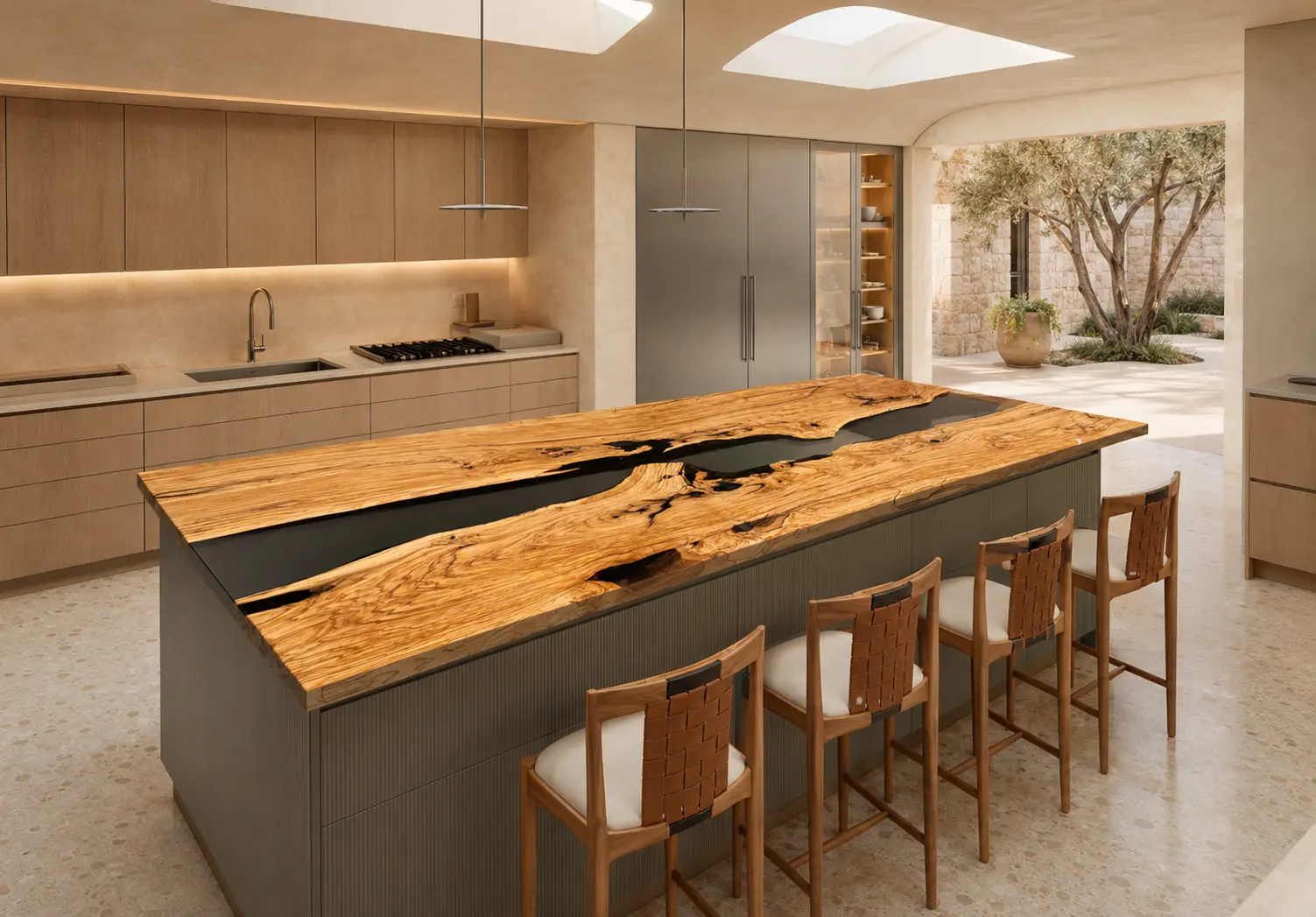 Olive Wood Epoxy Live Edge Countertop with Black Epoxy | ELET019