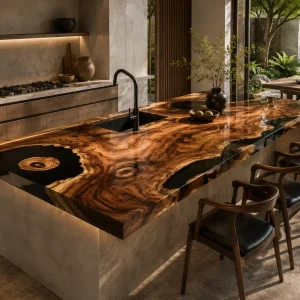 Walnut Epoxy Live Edge Countertop with Black Epoxy | ELET020