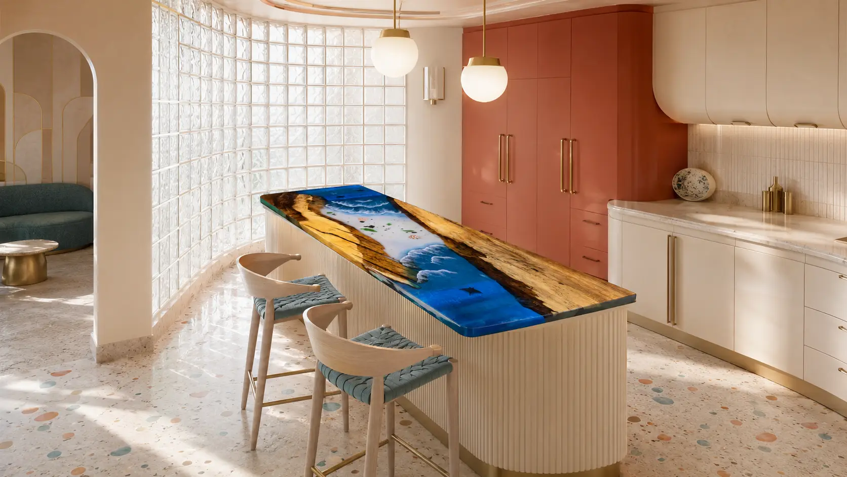 Walnut Epoxy Live Edge Countertop with Ocean Blue Epoxy | ELET024